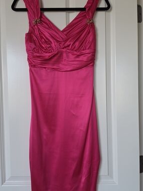Roberto Cavalli Fuchsia Satin V-Neck Midi Dress